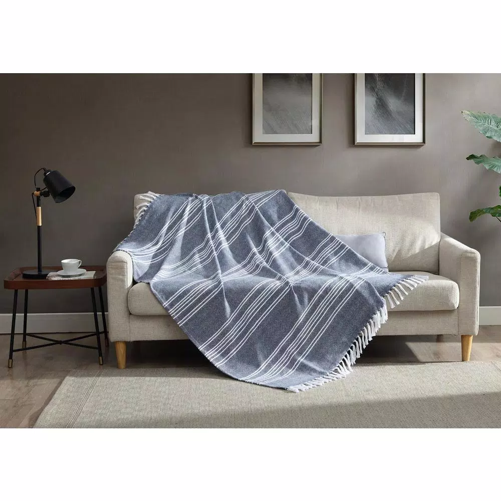 Unbranded MHF Home Blue and White Striped Cotton Blend Throw Blanket, 50 x 60 in.