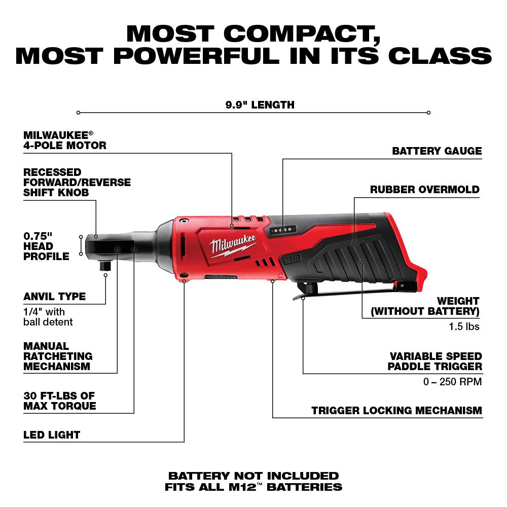 Milwaukee M12 12V Lithium-Ion Cordless 1/4 in. Ratchet (Tool-Only)