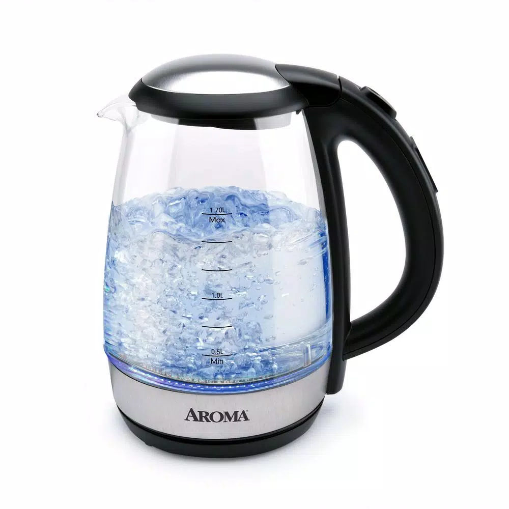 AROMA 7-Cup Black Glass Electric Kettle with Digital Temperature Display, 1.7L Cordless Pouring