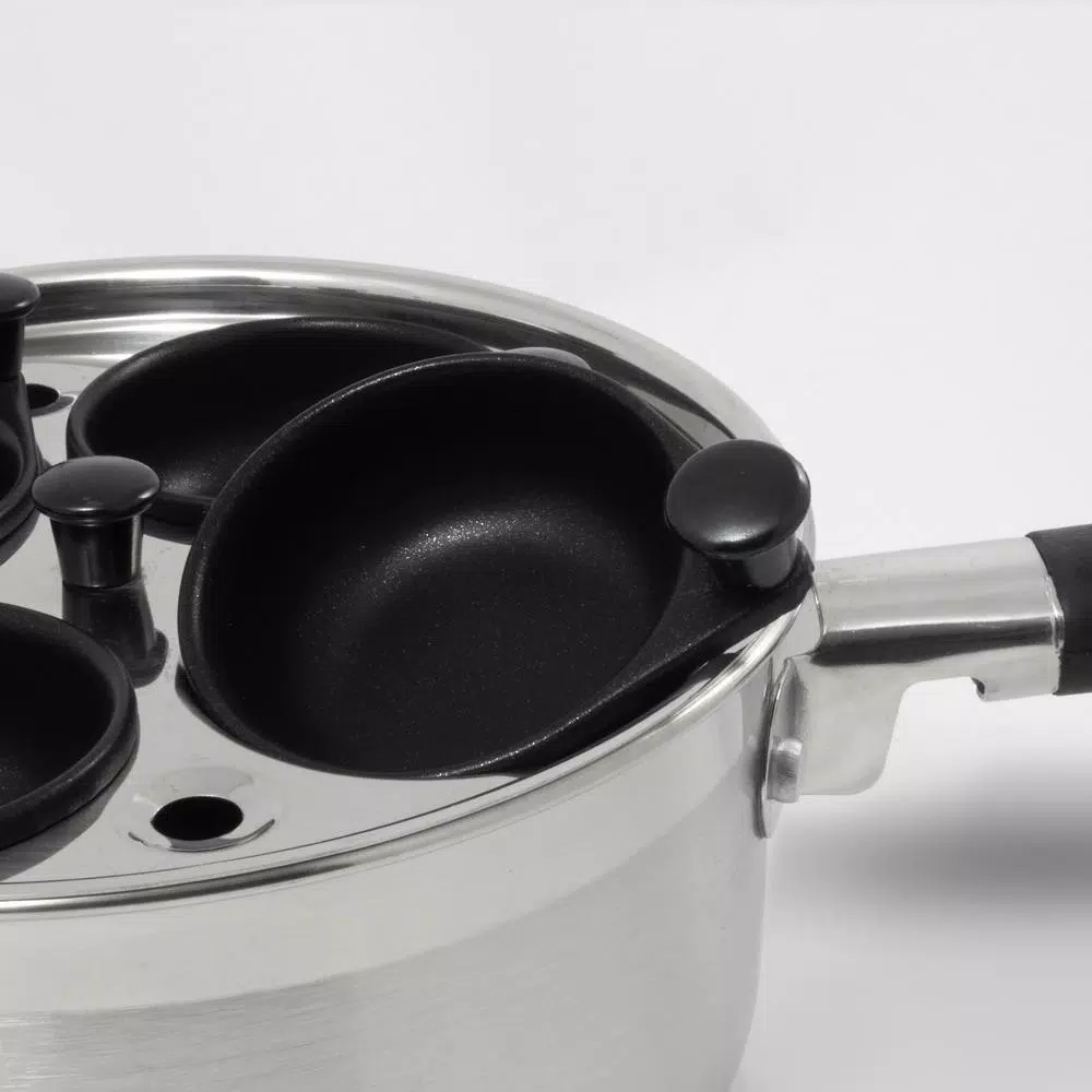 ExcelSteel Professional 4-Cup Stainless Steel Egg Poacher Set with Non-Stick Cups and Silicone Spatula
