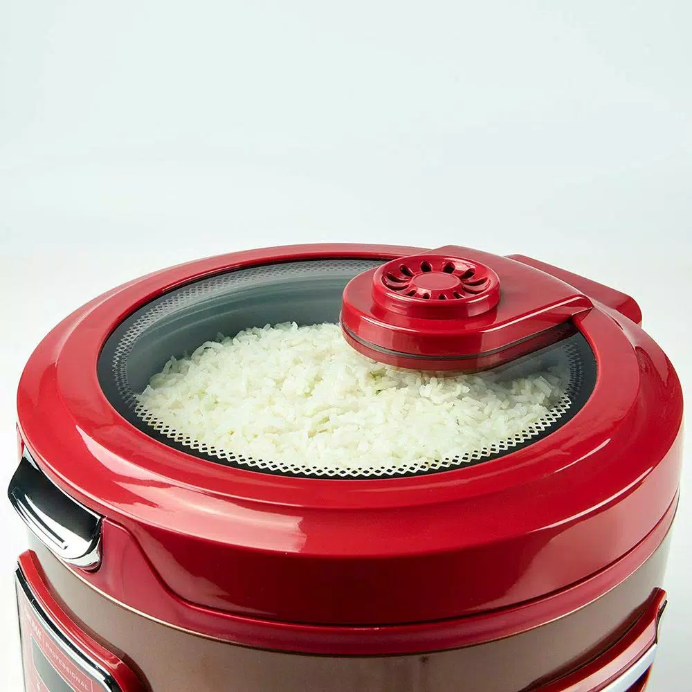 AROMA 20-Cup Red Rice Cooker and Slow Cooker with Glass Lid, 11 Programmable Functions