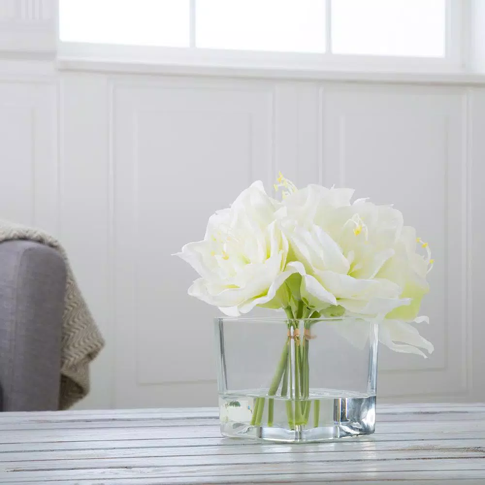 Pure Garden 8.5 in. Cream Lily Floral Arrangement in Square Glass Vase
