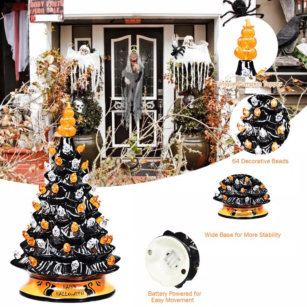 Costway 15 in. Black Ceramic Hand-Painted Halloween Tree with LED Lights and Pumpkin Top