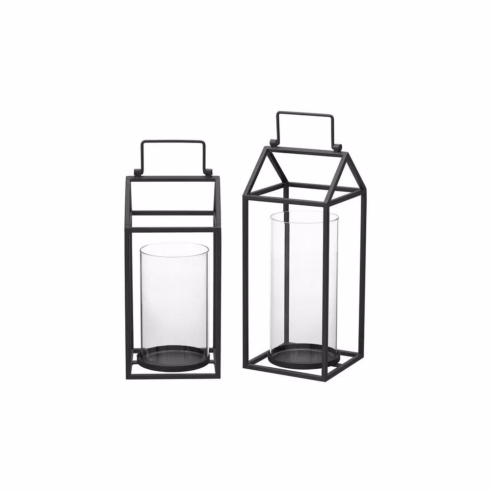 StyleWell Black Metal and Glass Candle Lantern Set of 2, Hanging or Tabletop