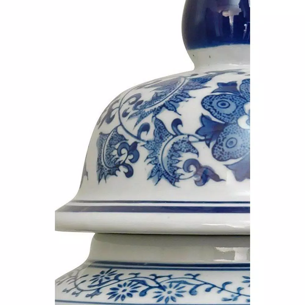 Oriental Furniture 18 in. Blue and White Porcelain Decorative Temple Jar Vase