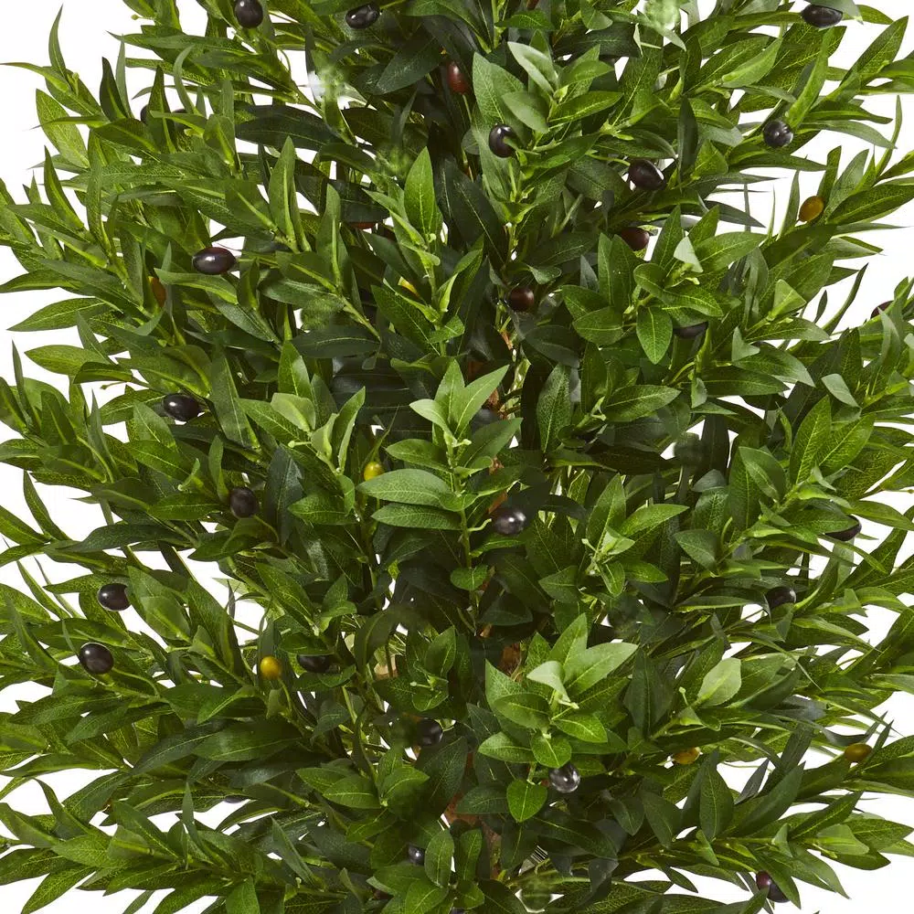 Nearly Natural 5-Ft. Artificial Olive Cone Topiary Tree in Farmhouse Wood Planter