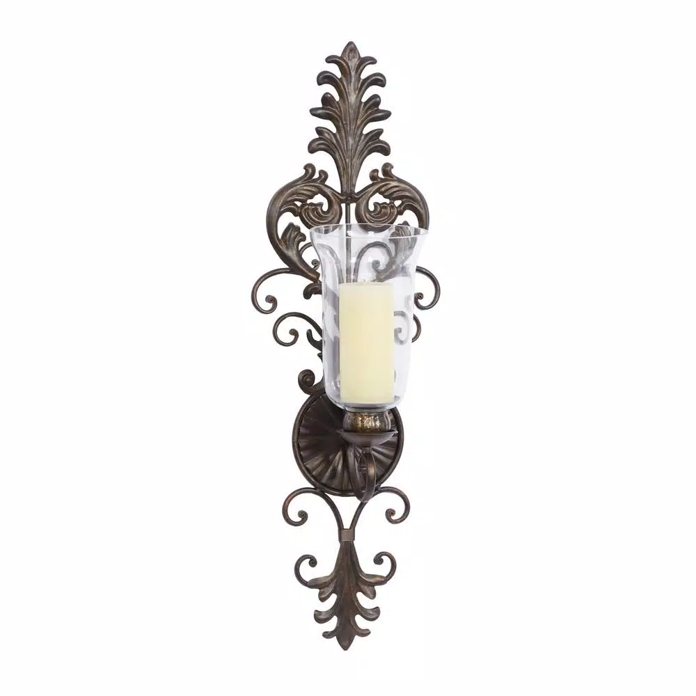 LITTON LANE Antique Gold Flourished Iron Candle Sconce with Clear Glass Hurricane Shade