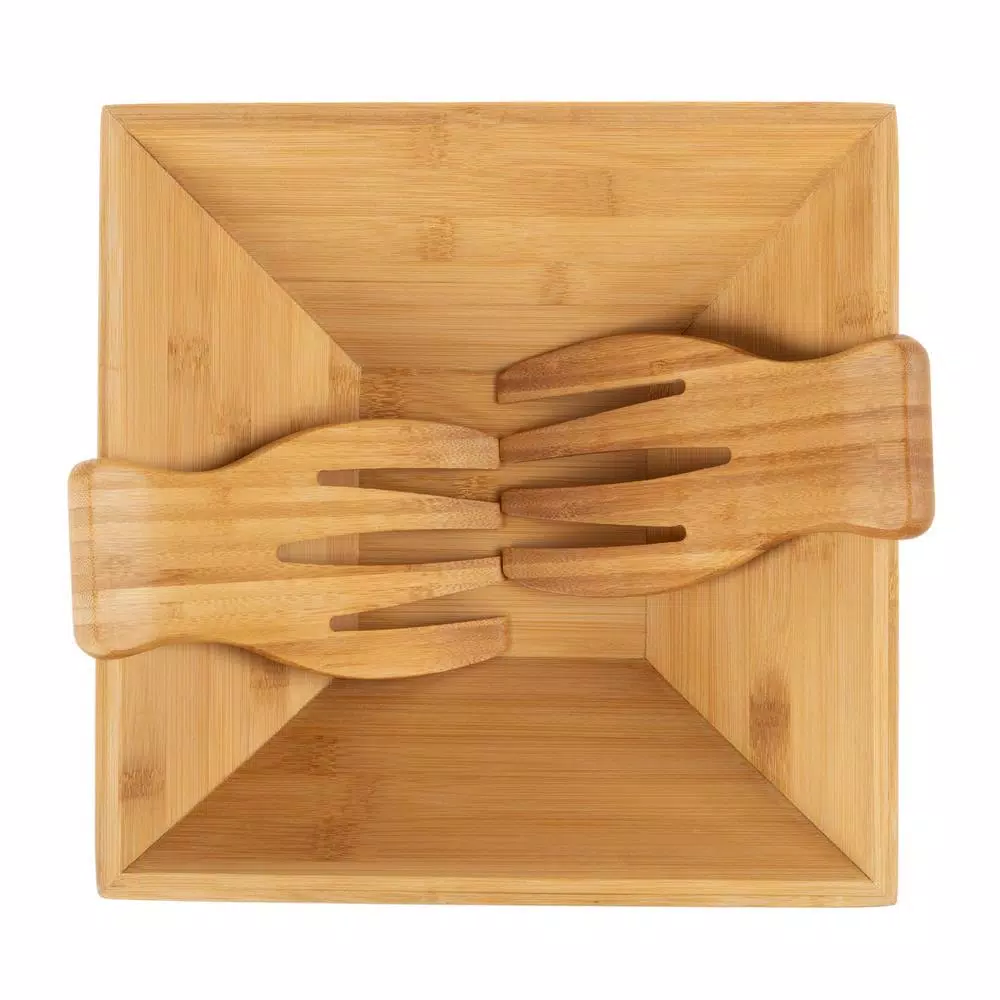 Classic Cuisine 11 in. Square Bamboo Salad Bowl Set with Two Utensils