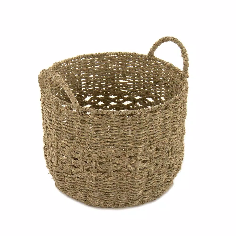 Zentique Handmade Round Woven Seagrass Wicker Basket with Handles, Brown