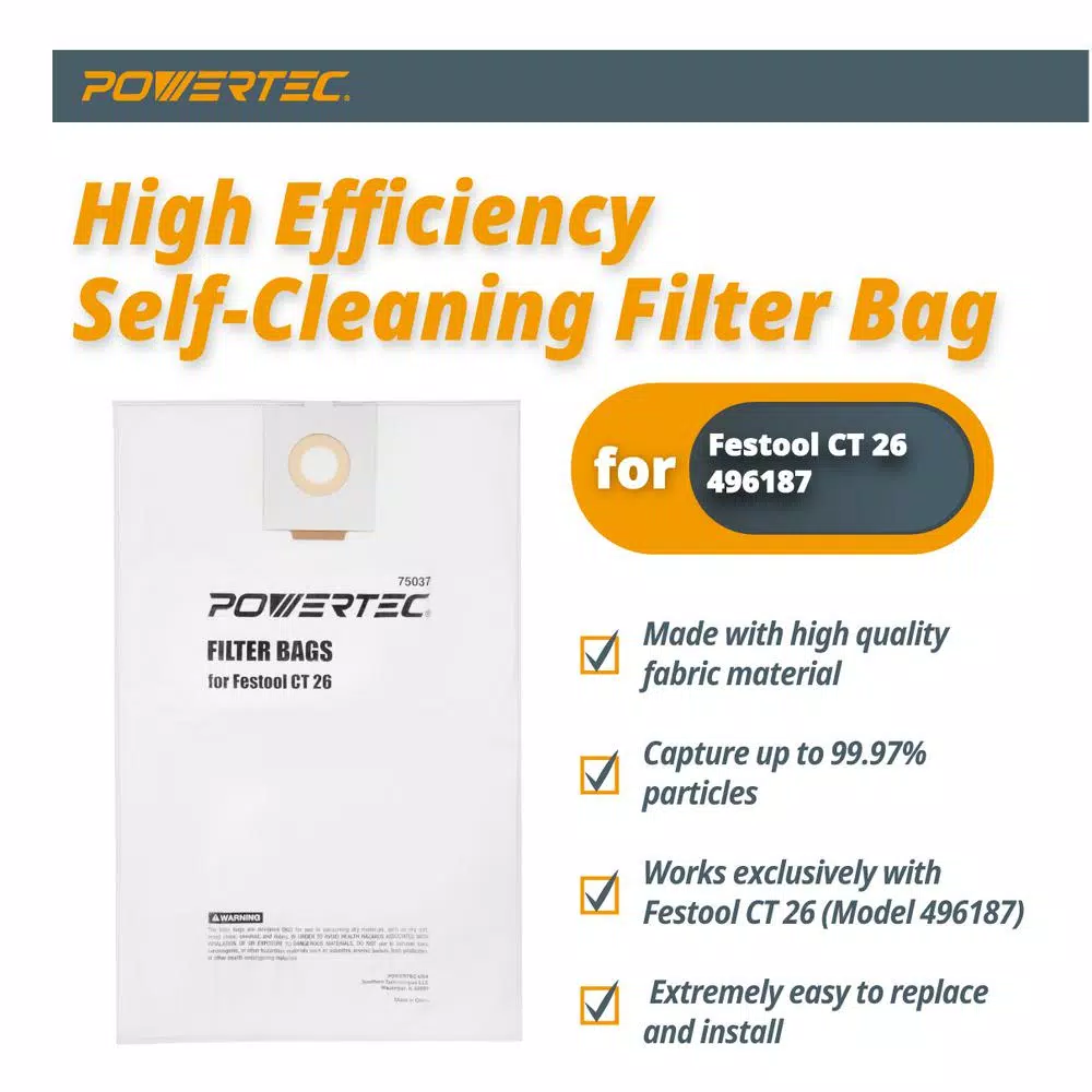 POWERTEC Self-Cleaning Filter Replacement Bags for Festool CT 26 (5-Pack)