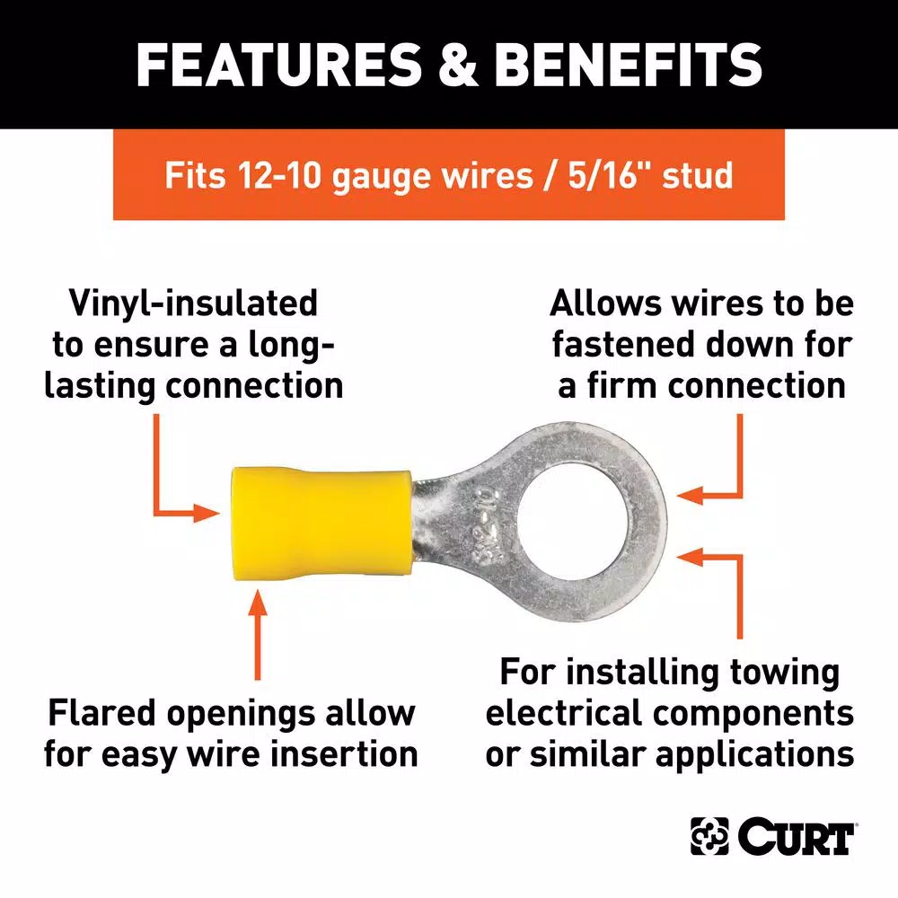 CURT Ring Terminals, 12-10 Gauge Wire, 5/16 in. Stud Size, Yellow, 100-Pack