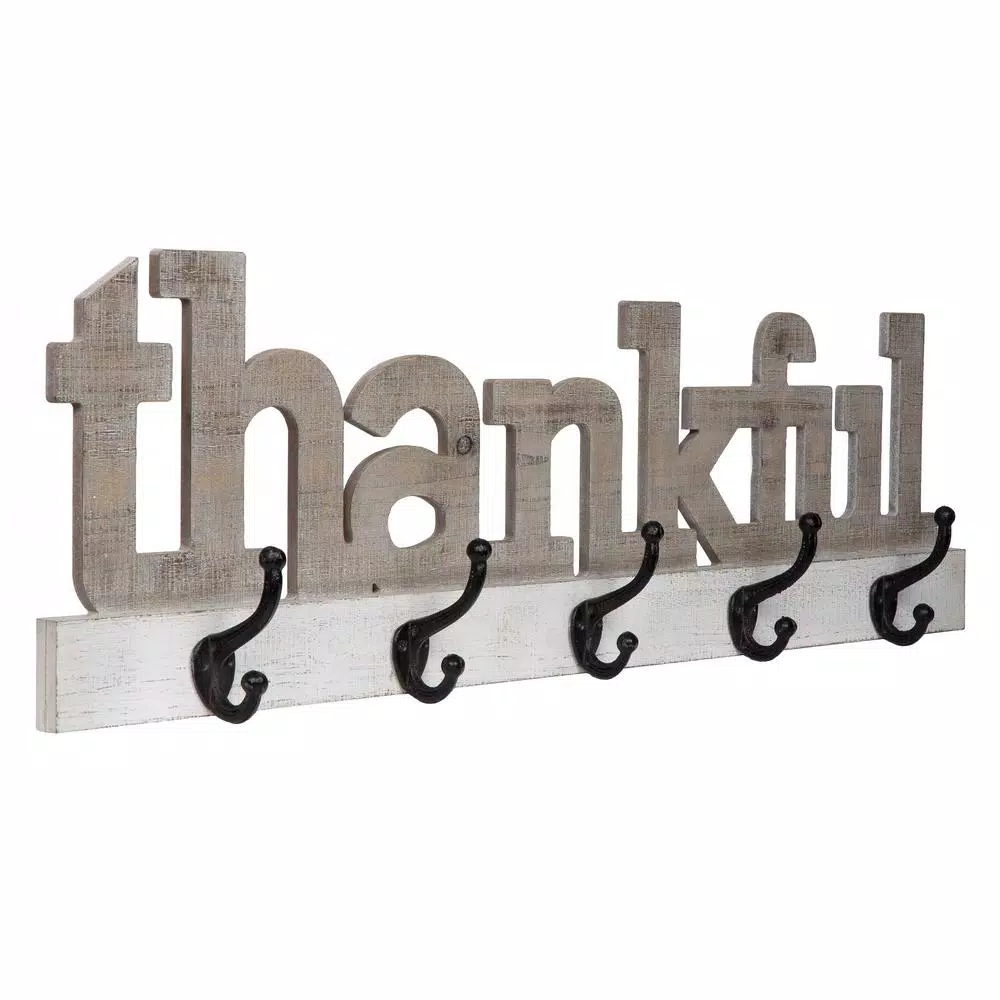 Pinnacle Rustic Thankful Gray Wood Decorative Wall Sign with 4 Metal Hooks