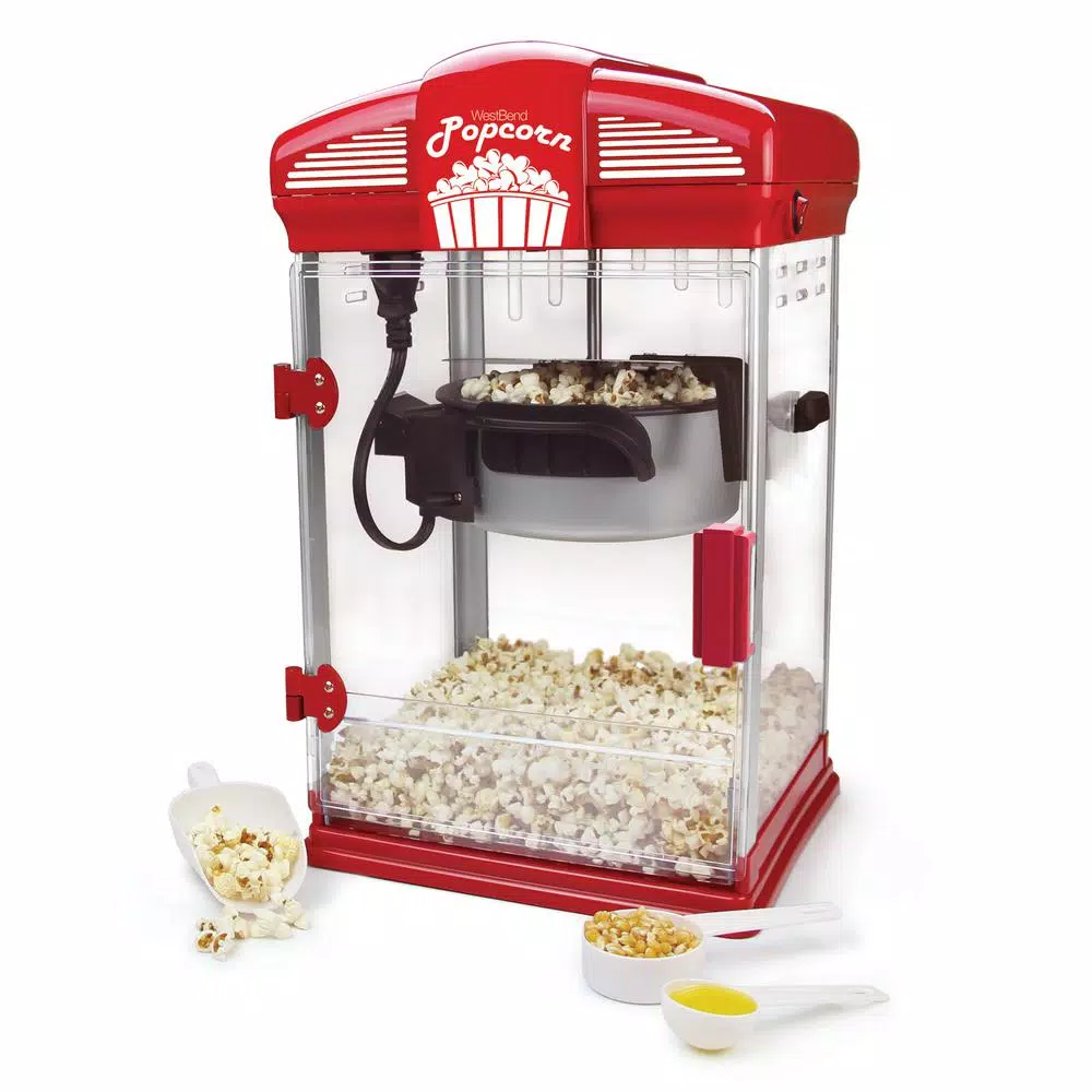 West Bend Red Hot Oil Movie Theater Style Popcorn Popper Machine, 4-Quart Capacity with Nonstick Kettle