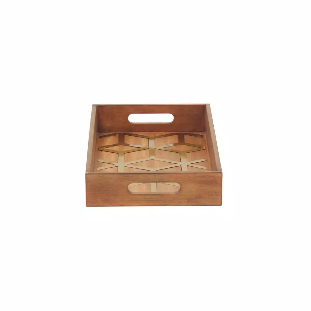 LITTON LANE Rustic Brown Wood Decorative Trays with Gold Geometric Patterns, Set of 2