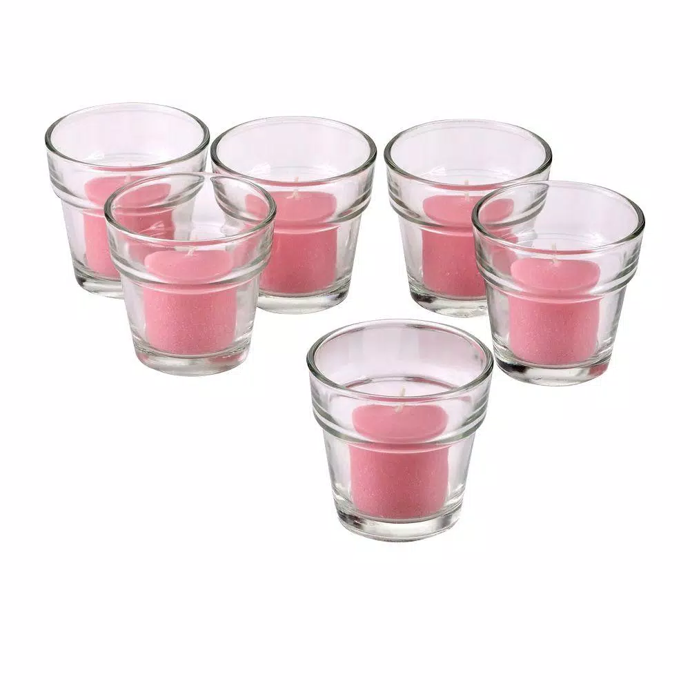 Light In The Dark Clear Glass Flower Pot Votive Candle Holders with Soft Pink Votive Candles, Set of 12