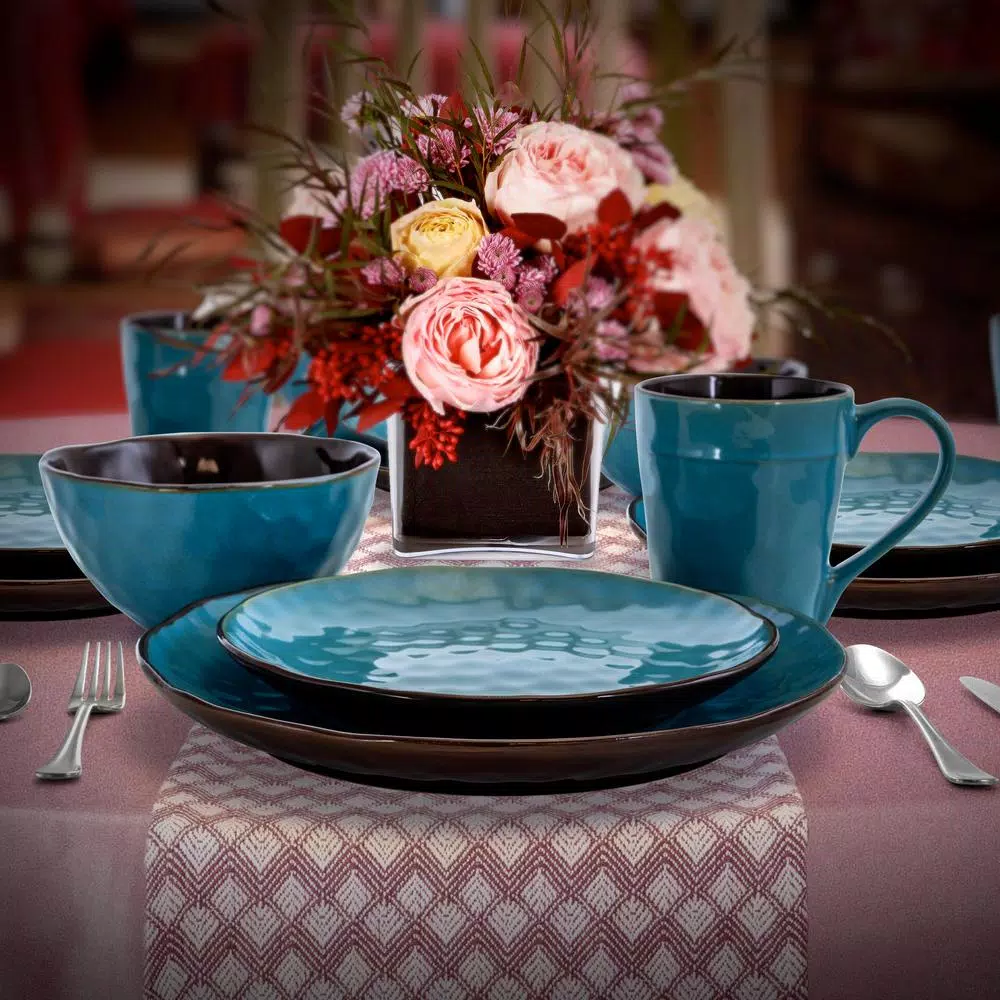 Elama Sea Glass 16-Piece Turquoise Stoneware Dinnerware Set, Service for 4