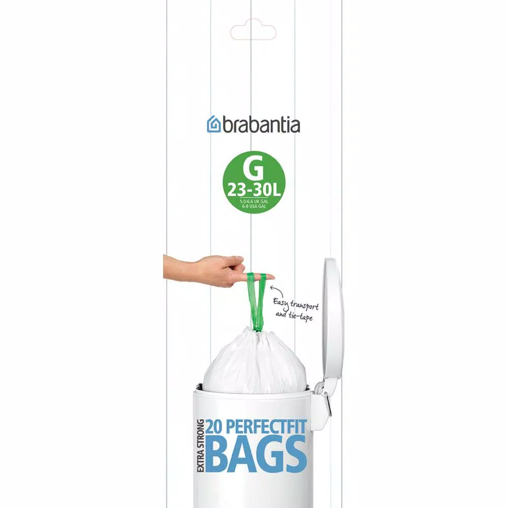 Brabantia Code G Trash Can Liners, 8 Gal. (23L-30L), 240 Count (12 Packs of 20)