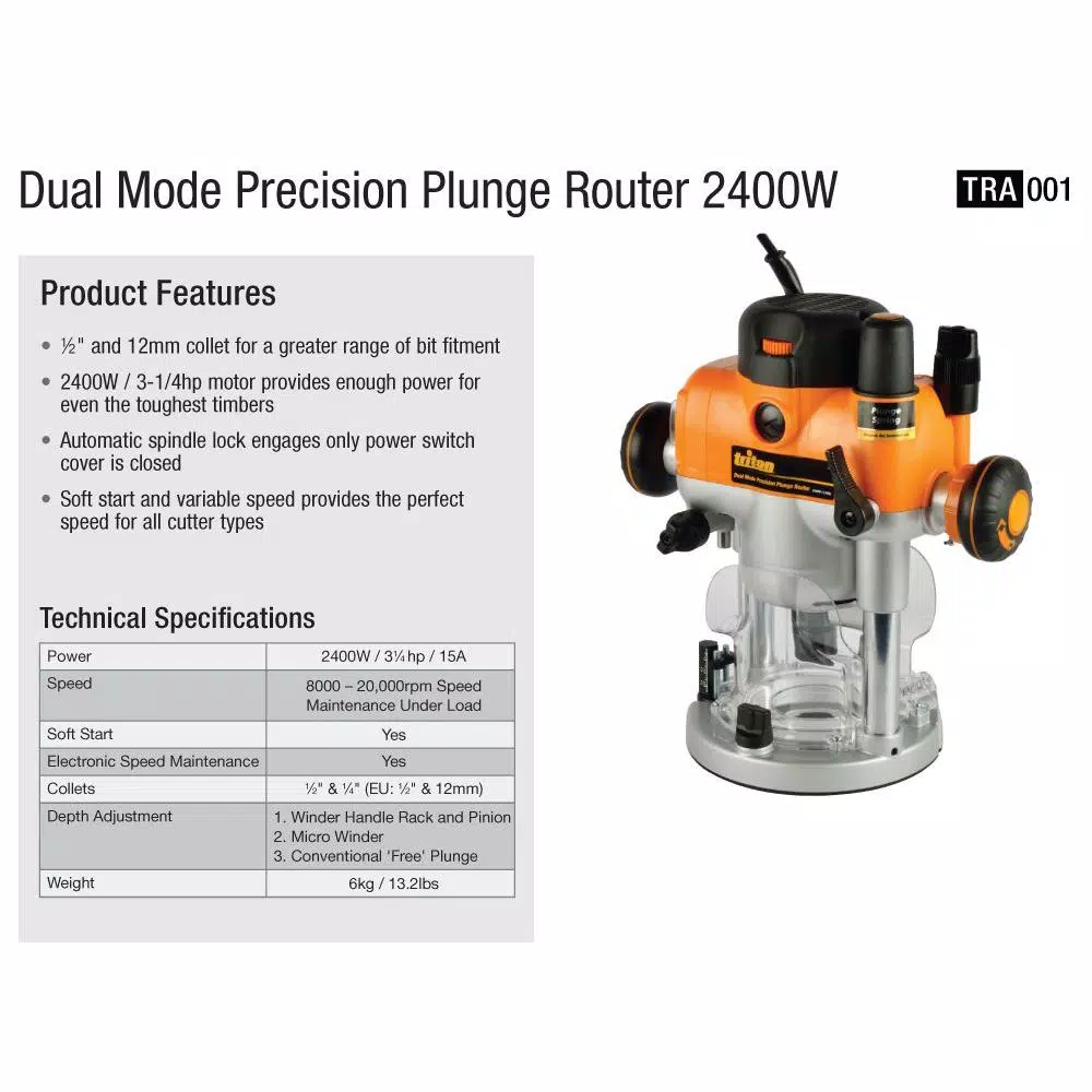 Triton TRA001 3.25 HP Precision Dual Mode Plunge Router, 110-Volt