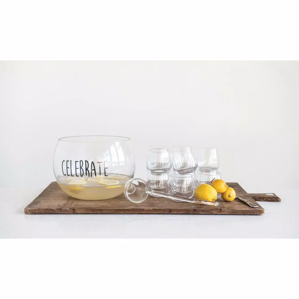 3R Studios 6.5 qt. Clear Glass Celebrate Punch Bowl Set with Ladle and 8 Glasses