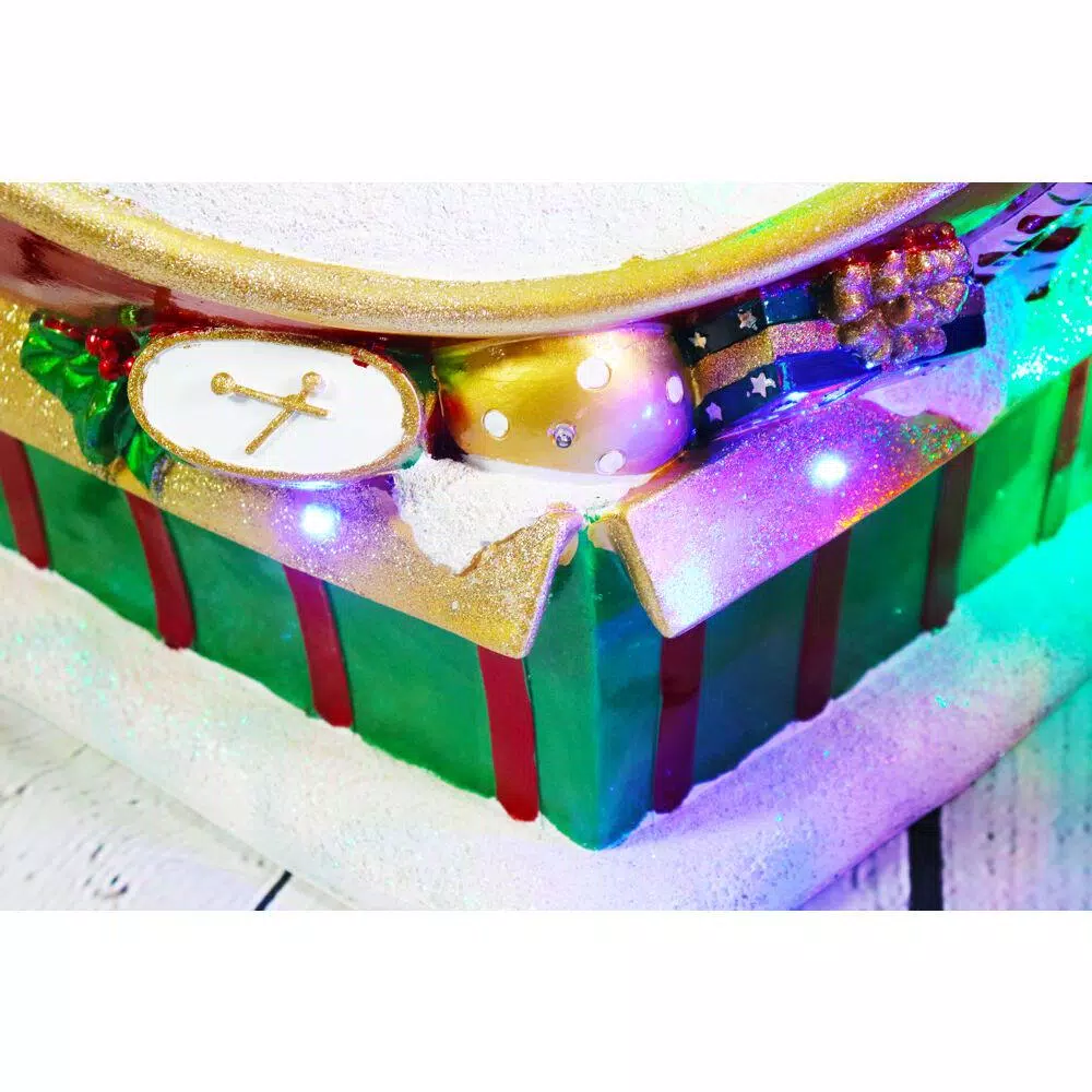 Fraser Hill Farm 34.5 in. Musical Santa and Flying Sleigh Ornament with LED Lights, Red