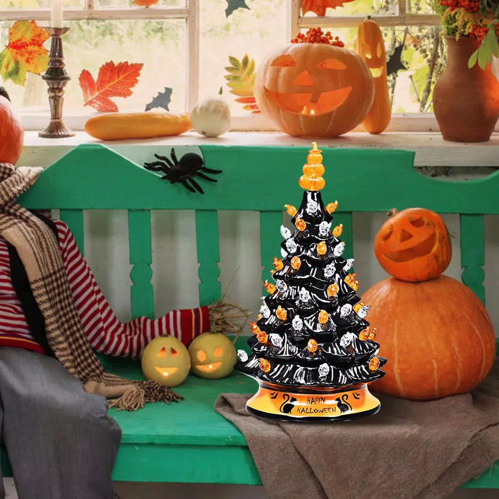 Costway 15 in. Black Ceramic Hand-Painted Halloween Tree with LED Lights and Pumpkin Top