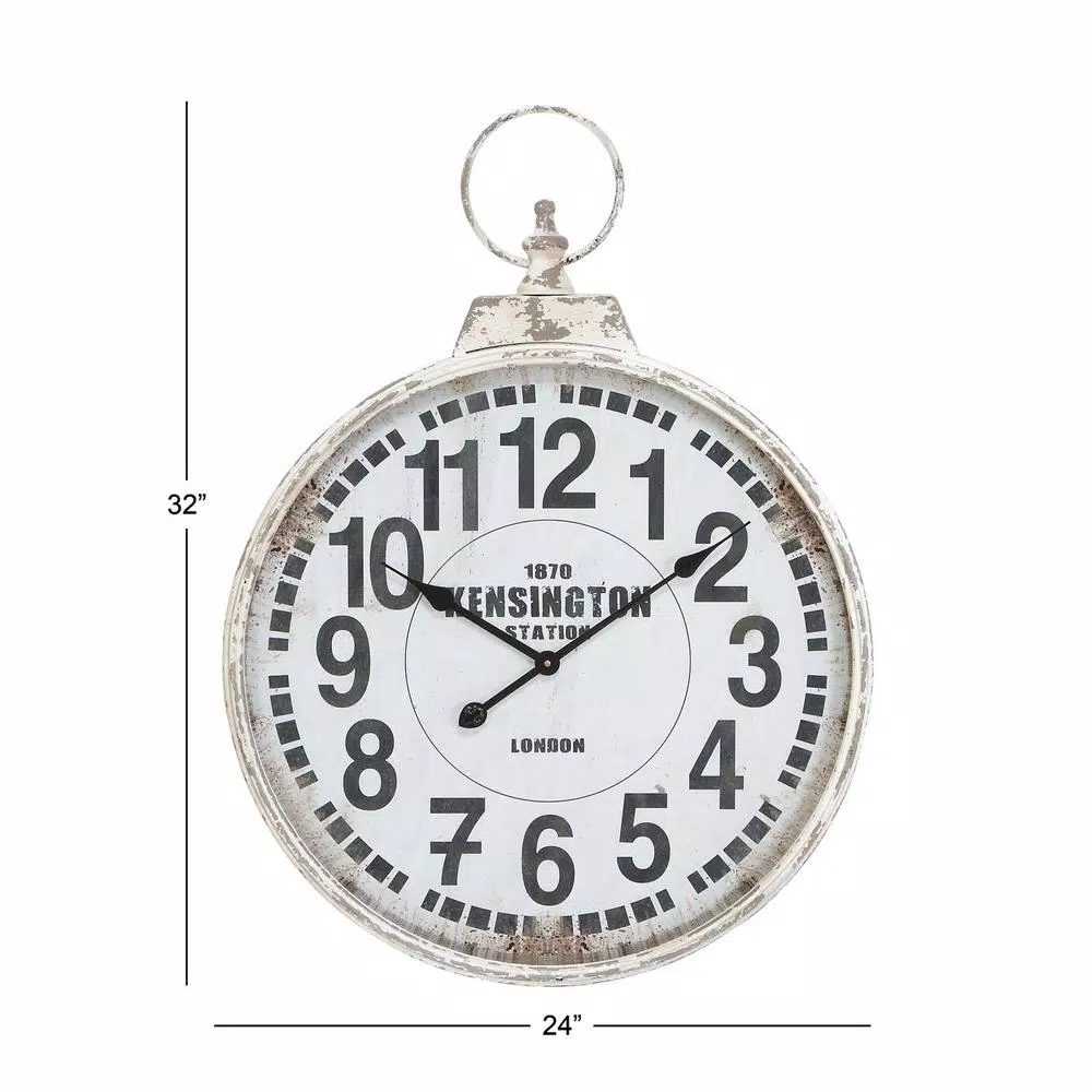 LITTON LANE 32 in. London Inspired Antique Round Wall Clock - Distressed White Metal Farmhouse Decor