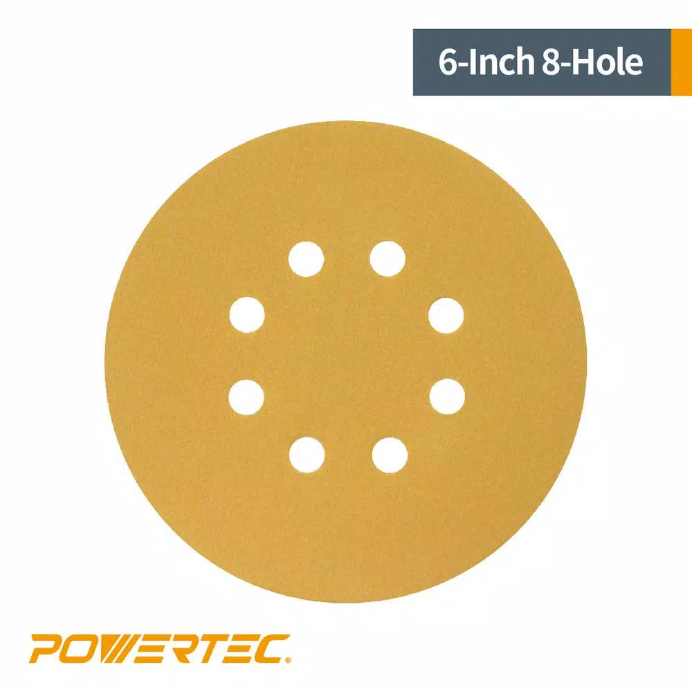 POWERTEC 6 in. 100-Grit Hook and Loop Sanding Discs, 8-Hole, Gold (50-Pack)