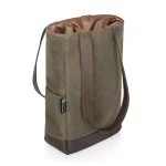 Picnic Time Khaki Green Waxed Canvas 2-Bottle Insulated Wine and Cheese Tote Bag thumbnail 1
