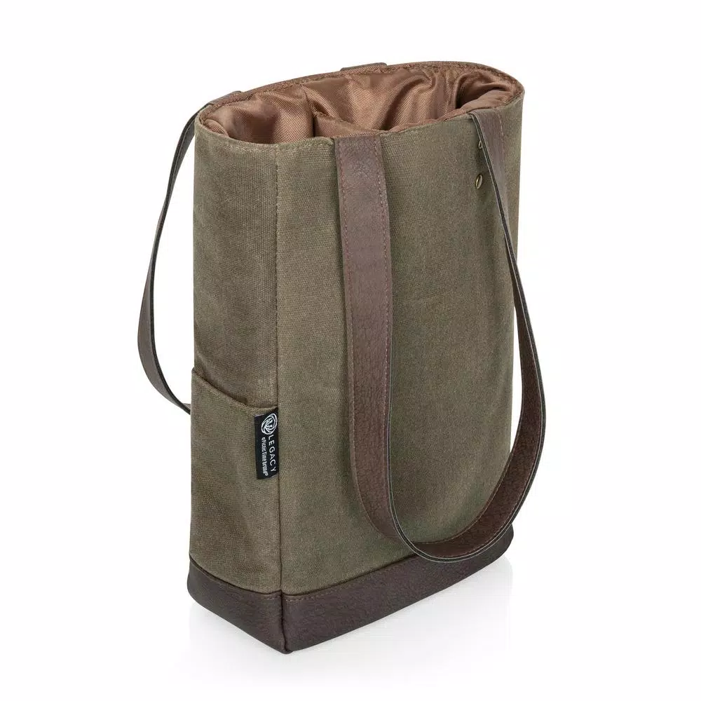 Picnic Time Khaki Green Waxed Canvas 2-Bottle Insulated Wine and Cheese Tote Bag