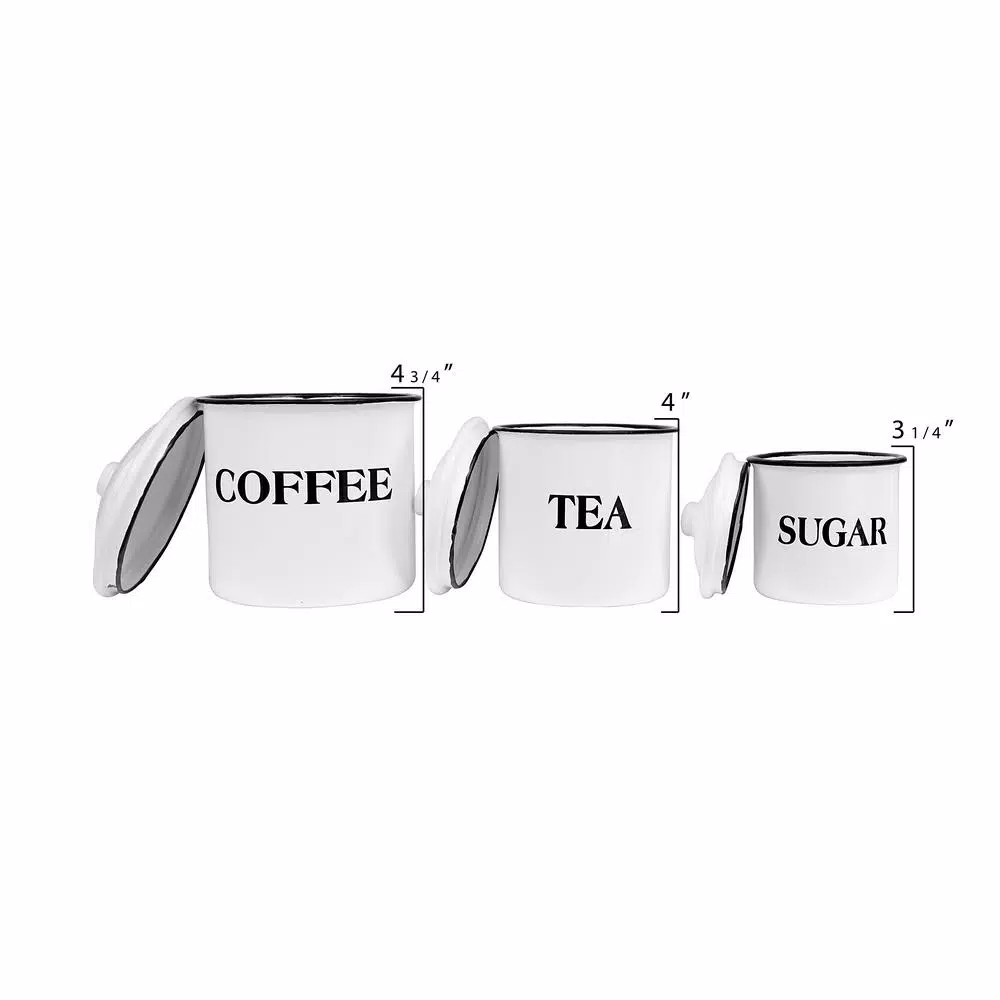 3R Studios 3-Piece White Metal Kitchen Canister Set with Coffee, Tea, and Sugar Labels