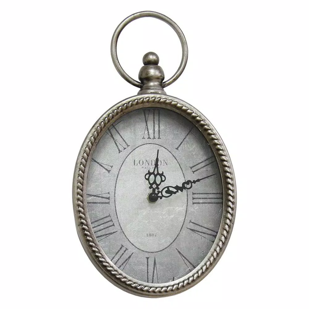 Stratton Home Decor Antique Silver Oval Wall Clock with Roman Numerals