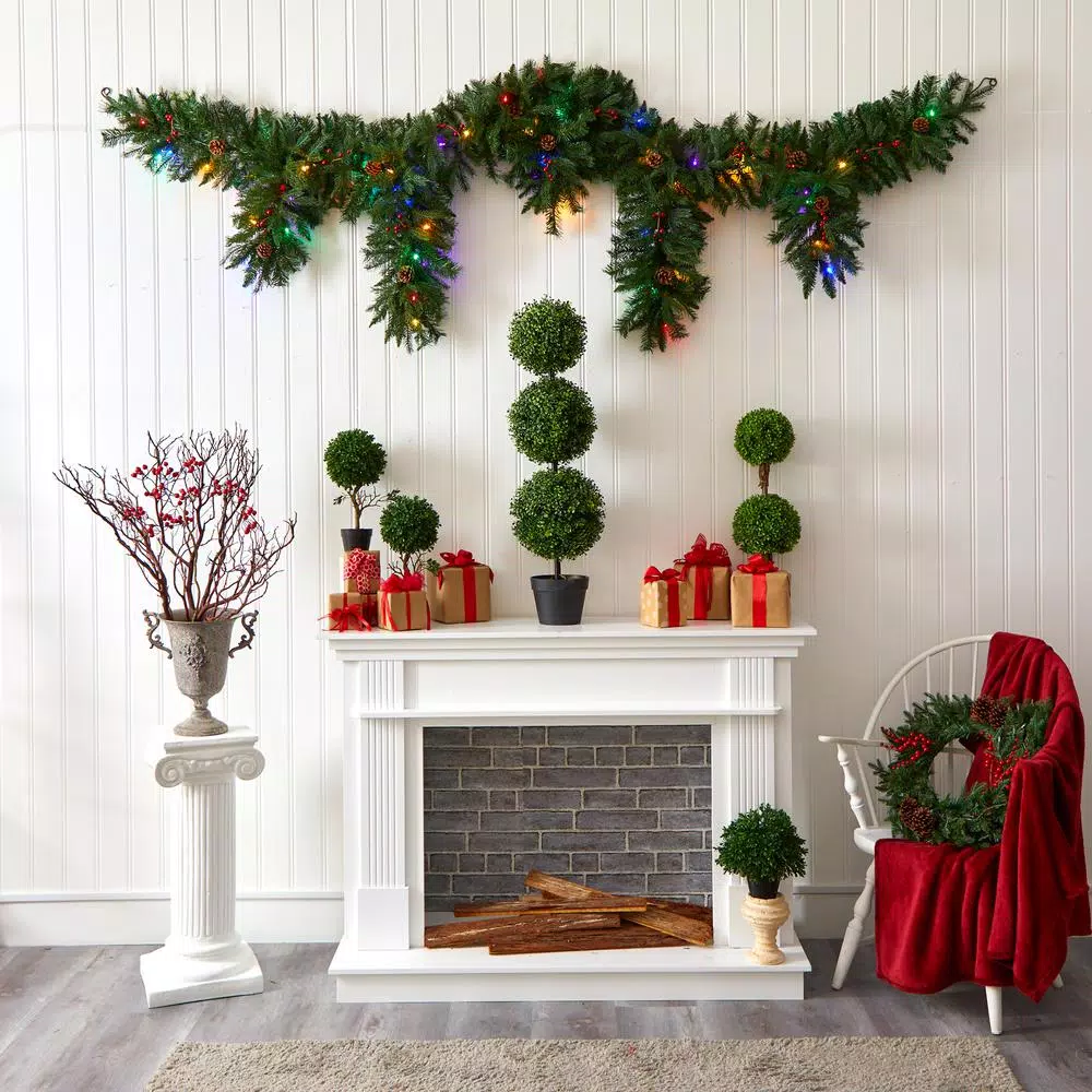 Nearly Natural 9 ft. Artificial Icicle Christmas Garland with 50 Multi-Color LED Lights, Berries and Pine Cones
