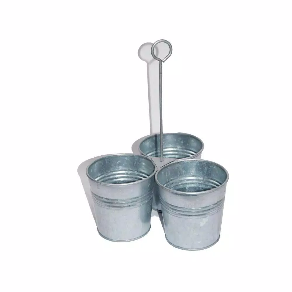 Benzara Galvanized Steel Gray Cutlery Holder with 3 Buckets and Ring Handle
