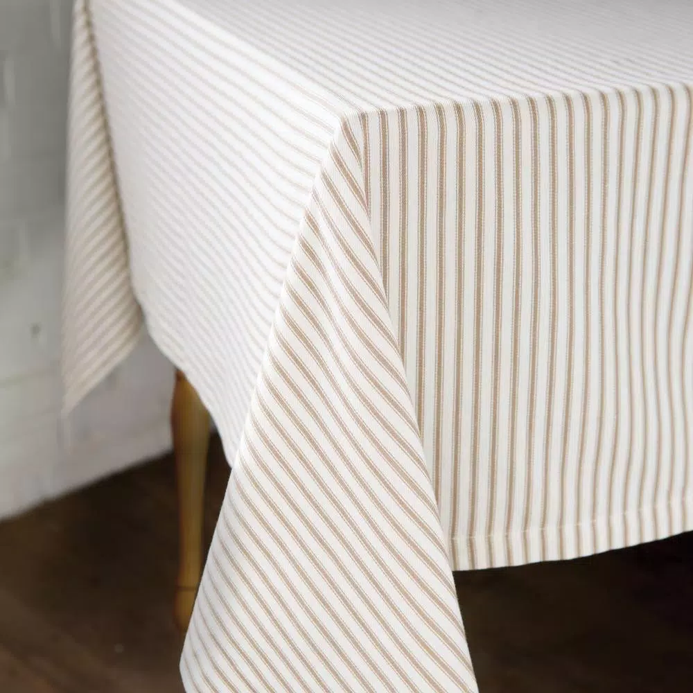 Heritage Lace Tan and White Striped Cotton Ticking Tablecloth - Farmhouse Style