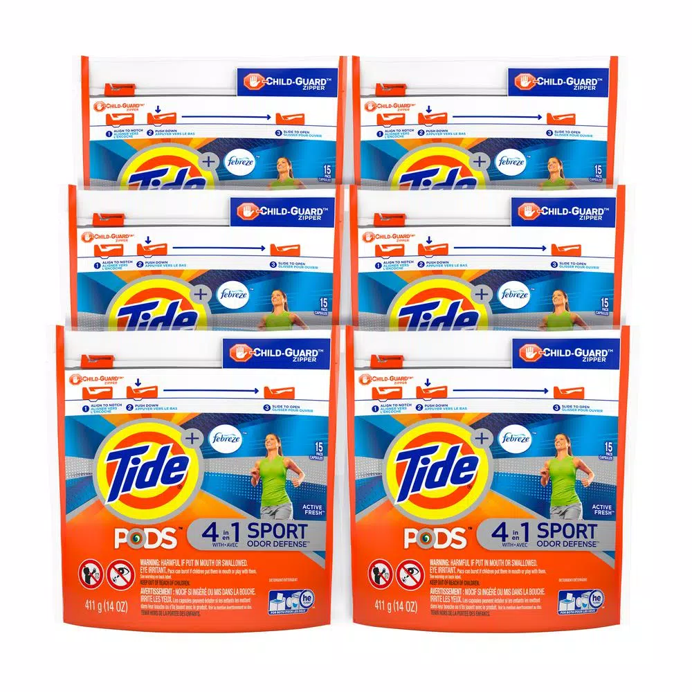Tide PODS Plus Febreze Sport Odor Defense Laundry Detergent Pods, Active Fresh, 15-Count, 6-Pack