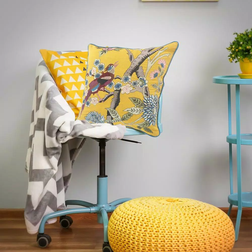 LR Home Scenic Yellow Floral Birds Throw Pillow - 20 x 20 in. Cotton Square Accent Pillow