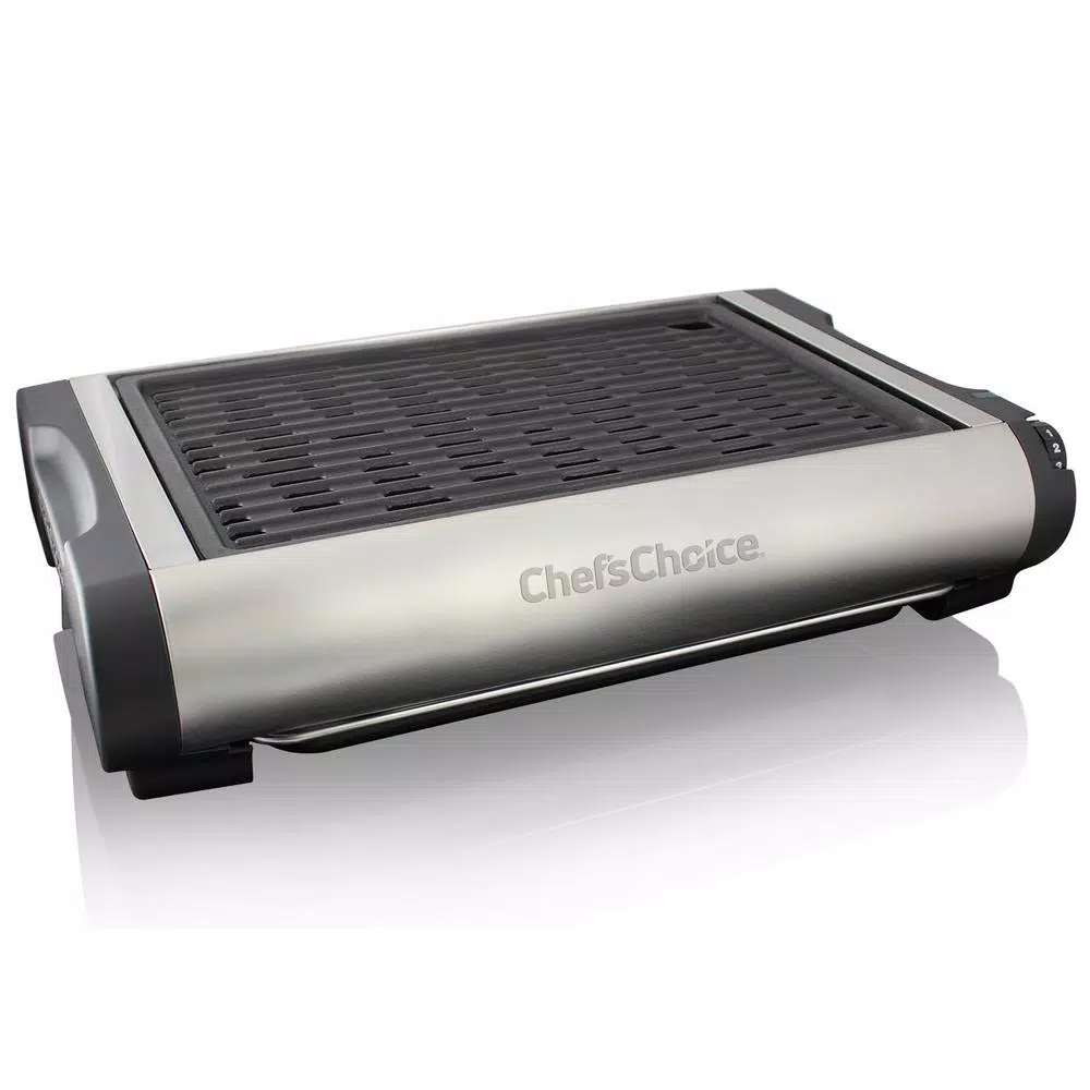 Chef'sChoice 1500W Indoor Electric Countertop Grill with Removable Nonstick Cast Aluminum Plate and Drip Tray, Silver