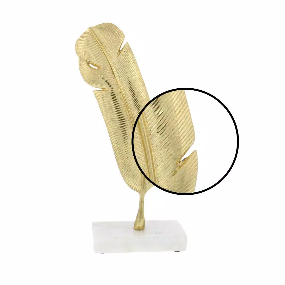 CosmoLiving by Cosmopolitan Gold Aluminum Feather Sculpture with White Marble Base - Antique Quill Decor