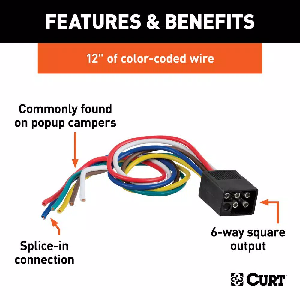 CURT 6-Way Square Trailer Side Connector Plug with 12" Color-Coded Wires