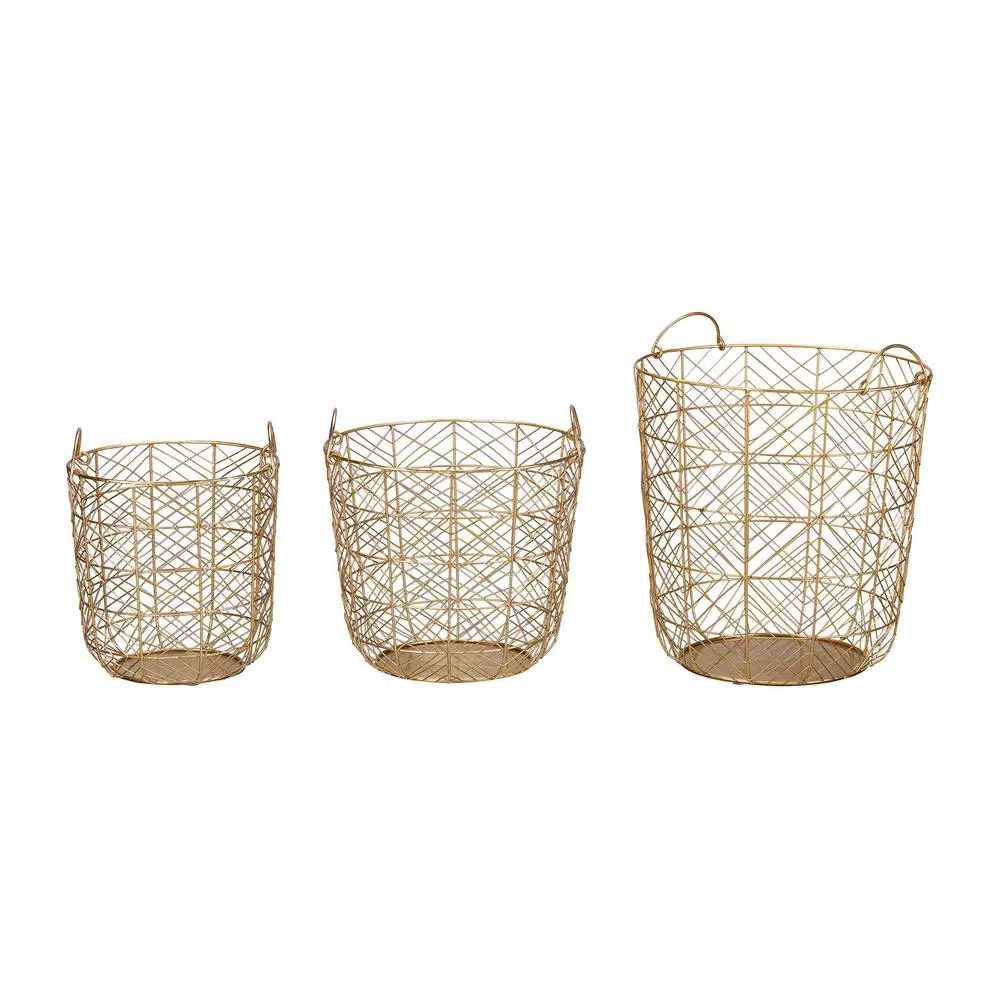 Home Decorators Collection Round Gold Metal Wire Decorative Basket Set, 3-Piece Mid-Century Modern Decor