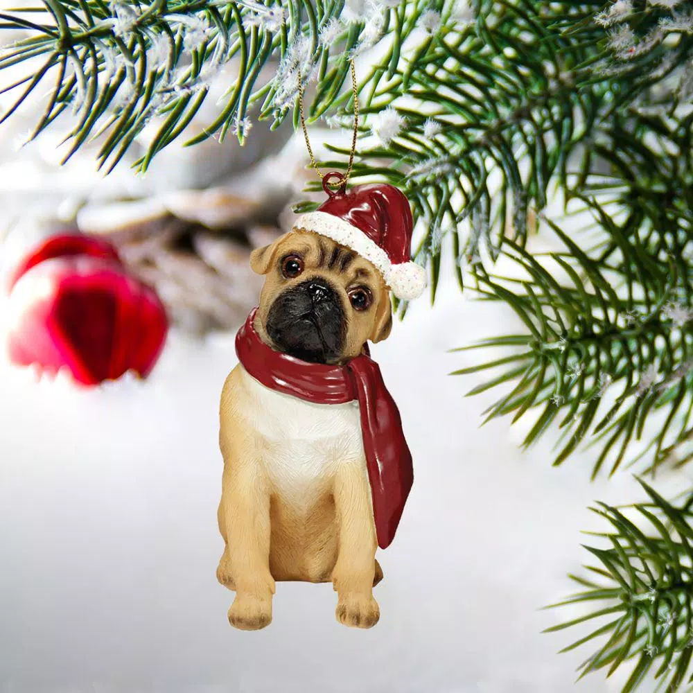 Design Toscano Pug Holiday Dog Ornament Sculpture, Hand Painted Resin
