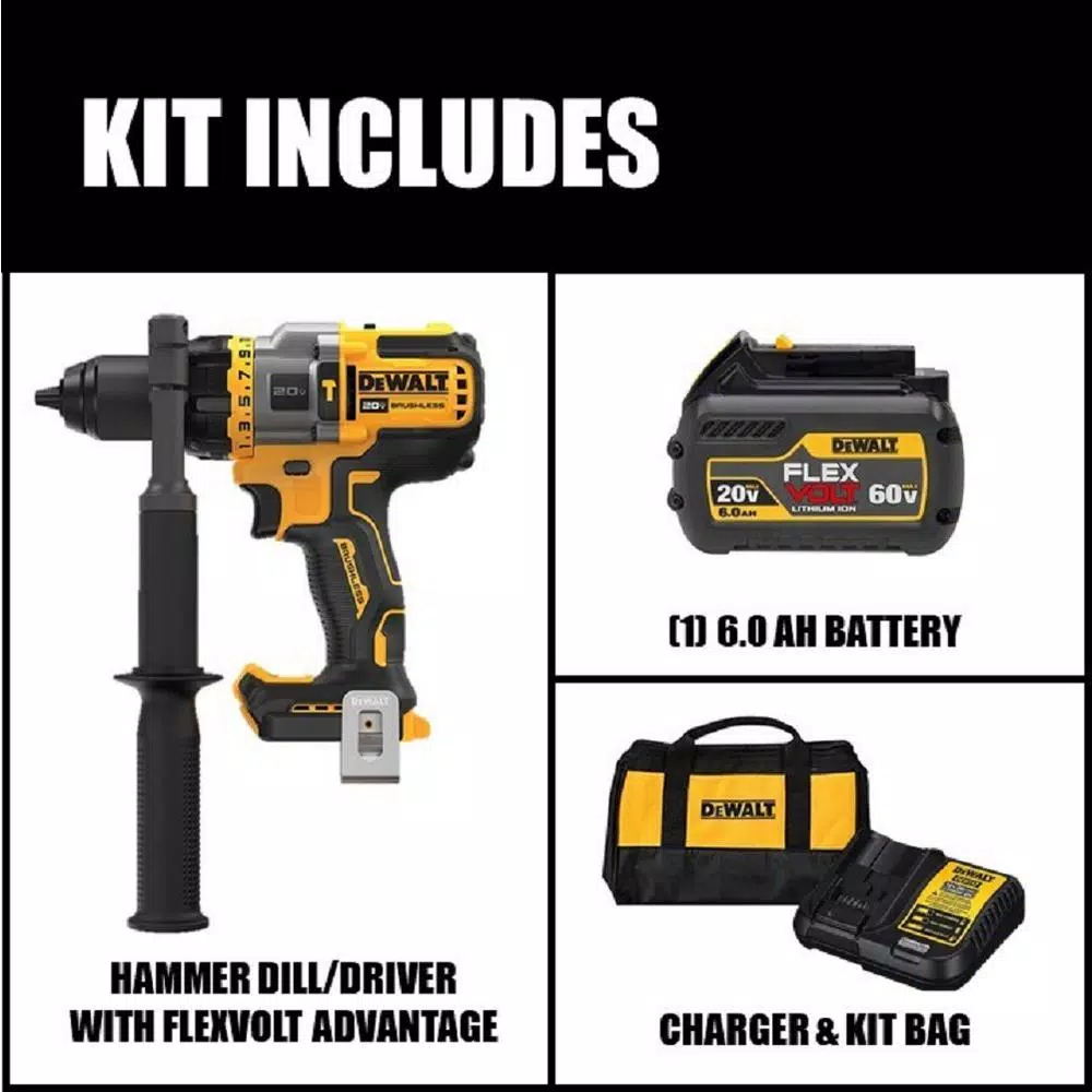 DEWALT 20V MAX Brushless 1/2 in. Hammer Drill/Driver Kit with FLEXVOLT ADVANTAGE & 6.0 Ah Battery