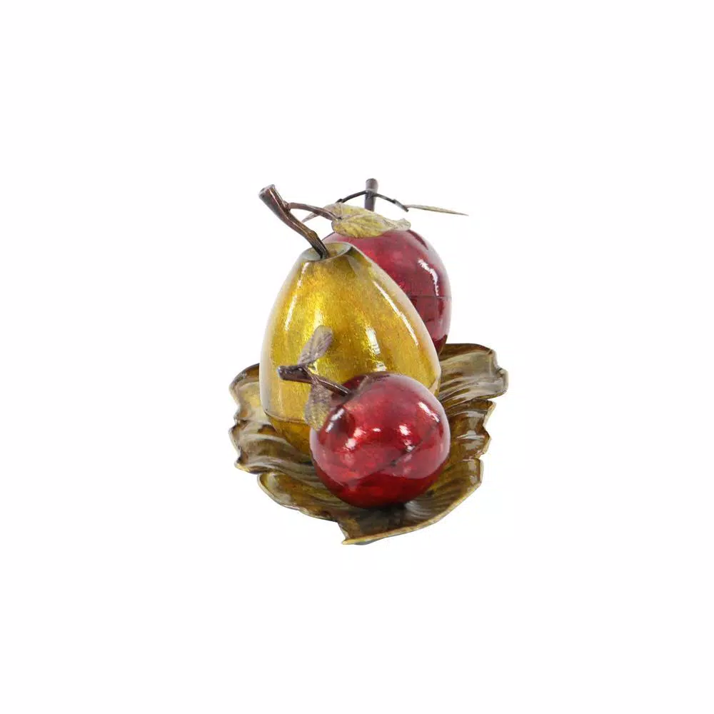 LITTON LANE Elegant Metal Fruit Sculpture Set - Golden Pear and Red Apples on Leaf Tray Base