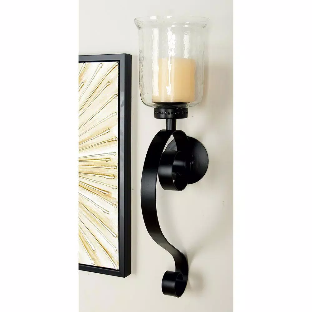 LITTON LANE 27 in. Wrought Iron Candle Sconce with Clear Glass Hurricane Holder, Black