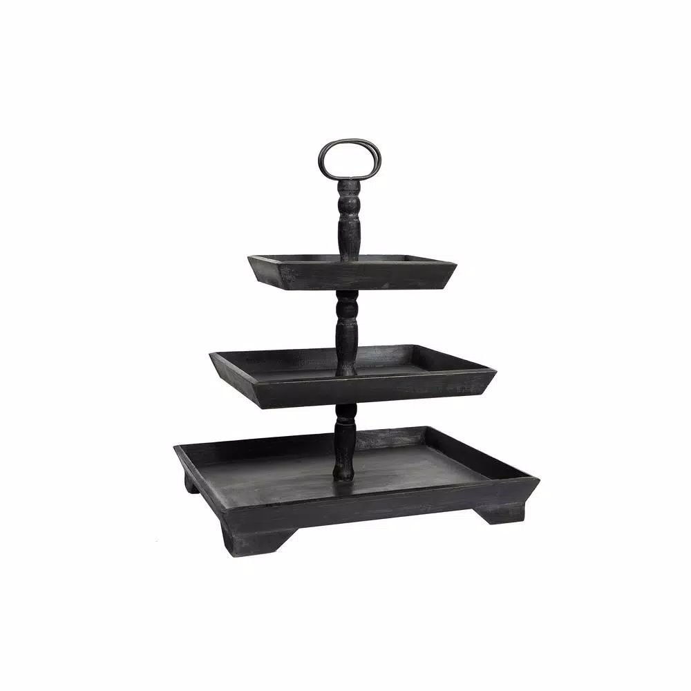 3R Studios Black Wood Three Tier Decorative Tray with Handles