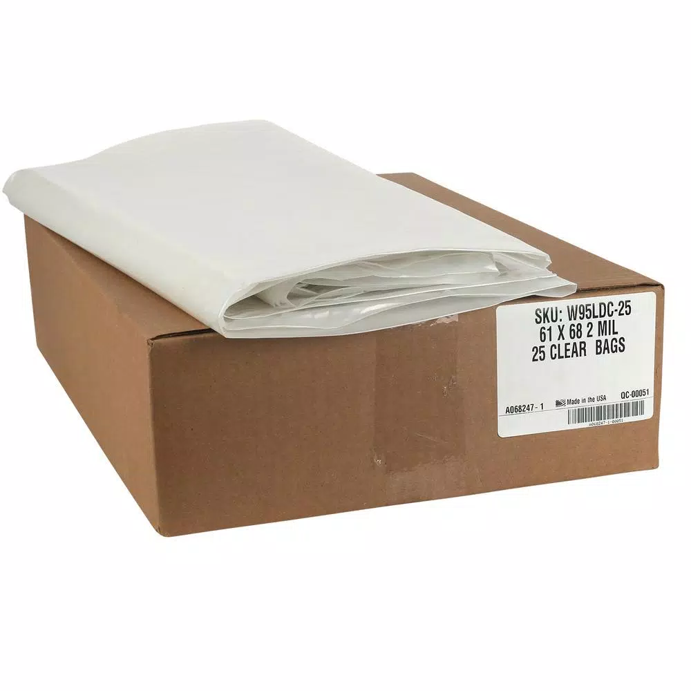 Plasticplace 95-96 Gallon Clear Low Density Trash Bags, 2.0 Mil, 61 in. x 68 in., 25-Case Bulk Pack