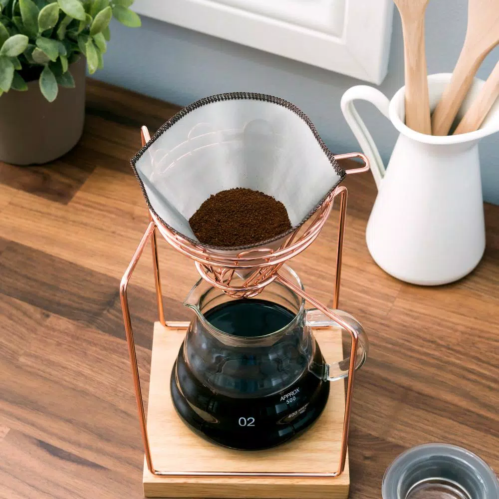 Old Dutch 20oz Stainless Steel Rose Gold Pour Over Coffee Maker Set with Glass Carafe and Rubberwood Base