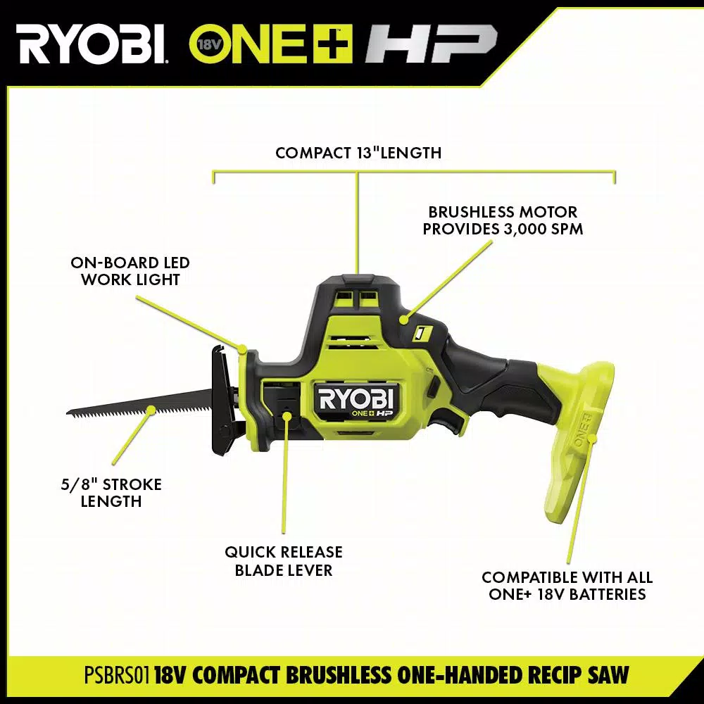 RYOBI ONE+ HP 18V Brushless Compact 2-Tool Combo Kit: One-Handed Reciprocating Saw & Cut-Off Tool