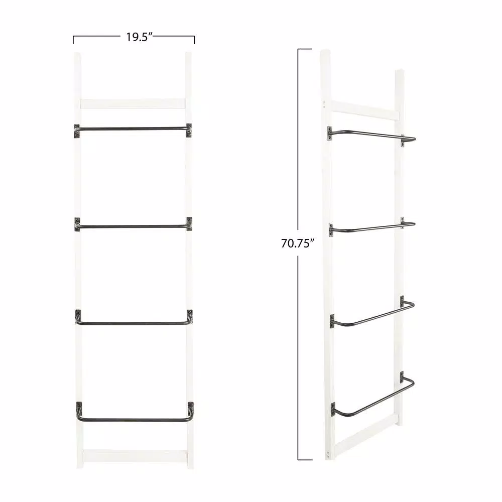 3R Studios 4-Bar Wall Mounted Towel Rack, Distressed Off-White Wood with Black Metal Bars