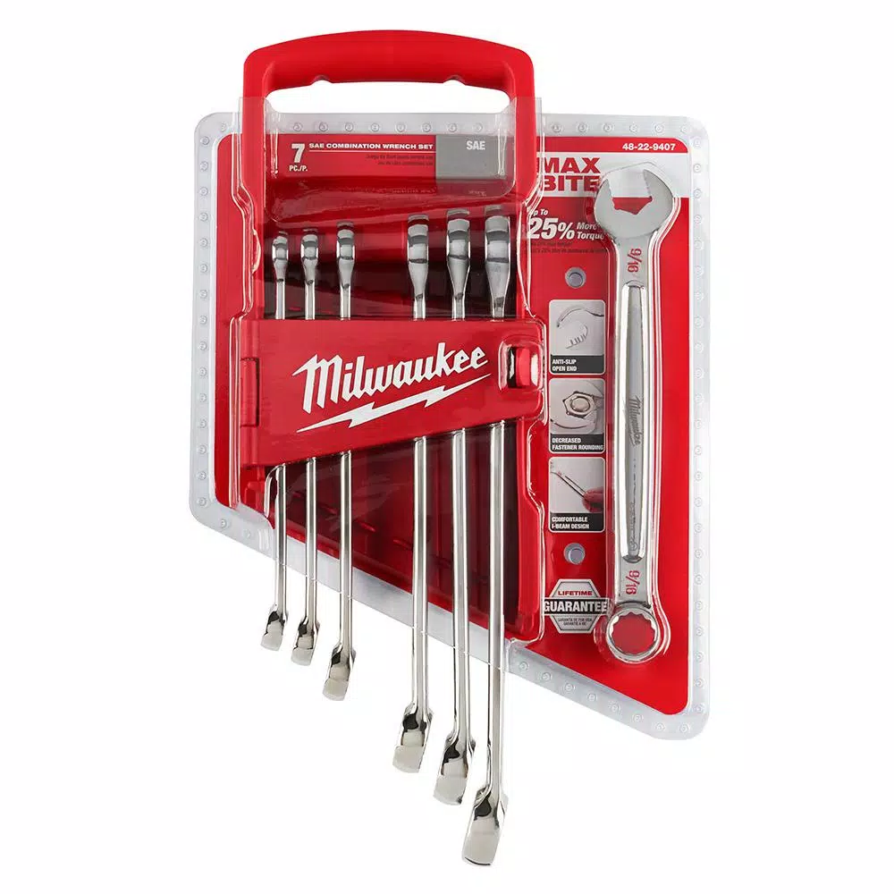 Milwaukee 7-Piece SAE Combination Wrench Set with Max Bite Open-End Grip